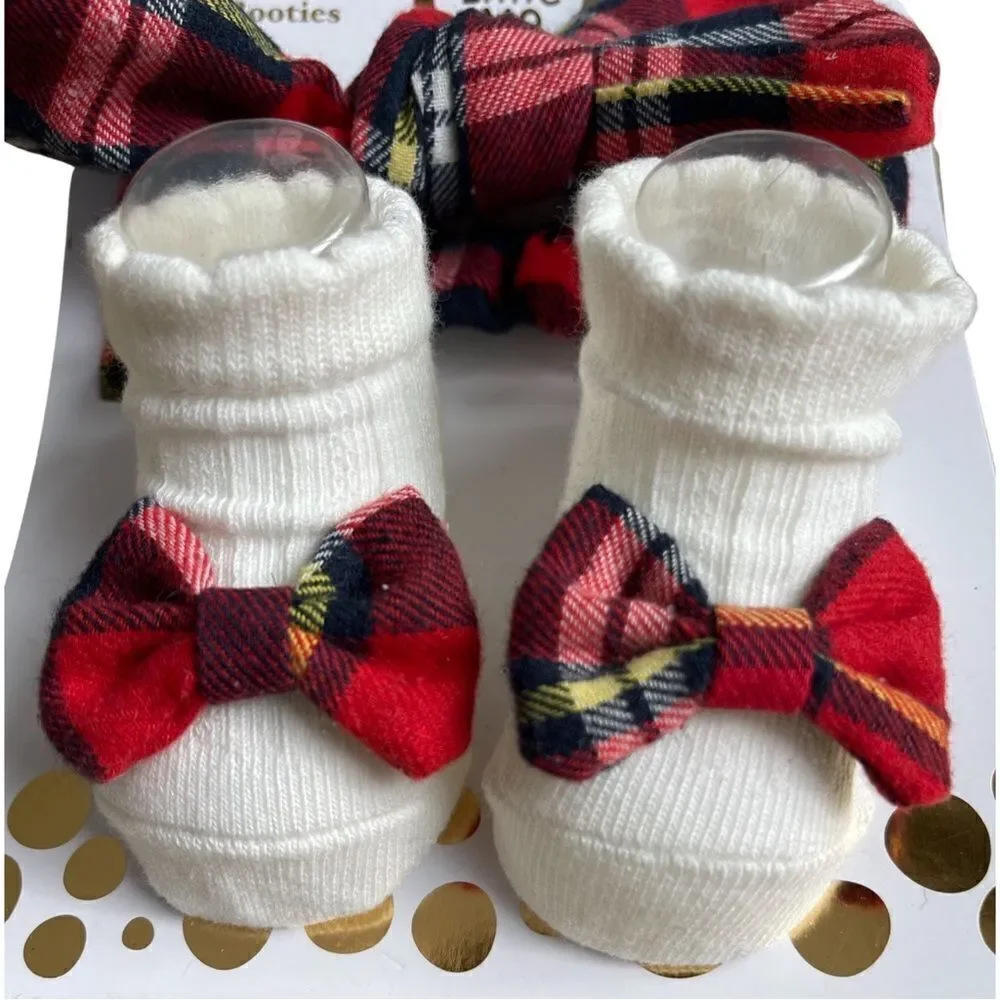 Little Me 0-12 Month Holiday Plaid Head-wrap with Bow & Matching Bootie Set NWT
